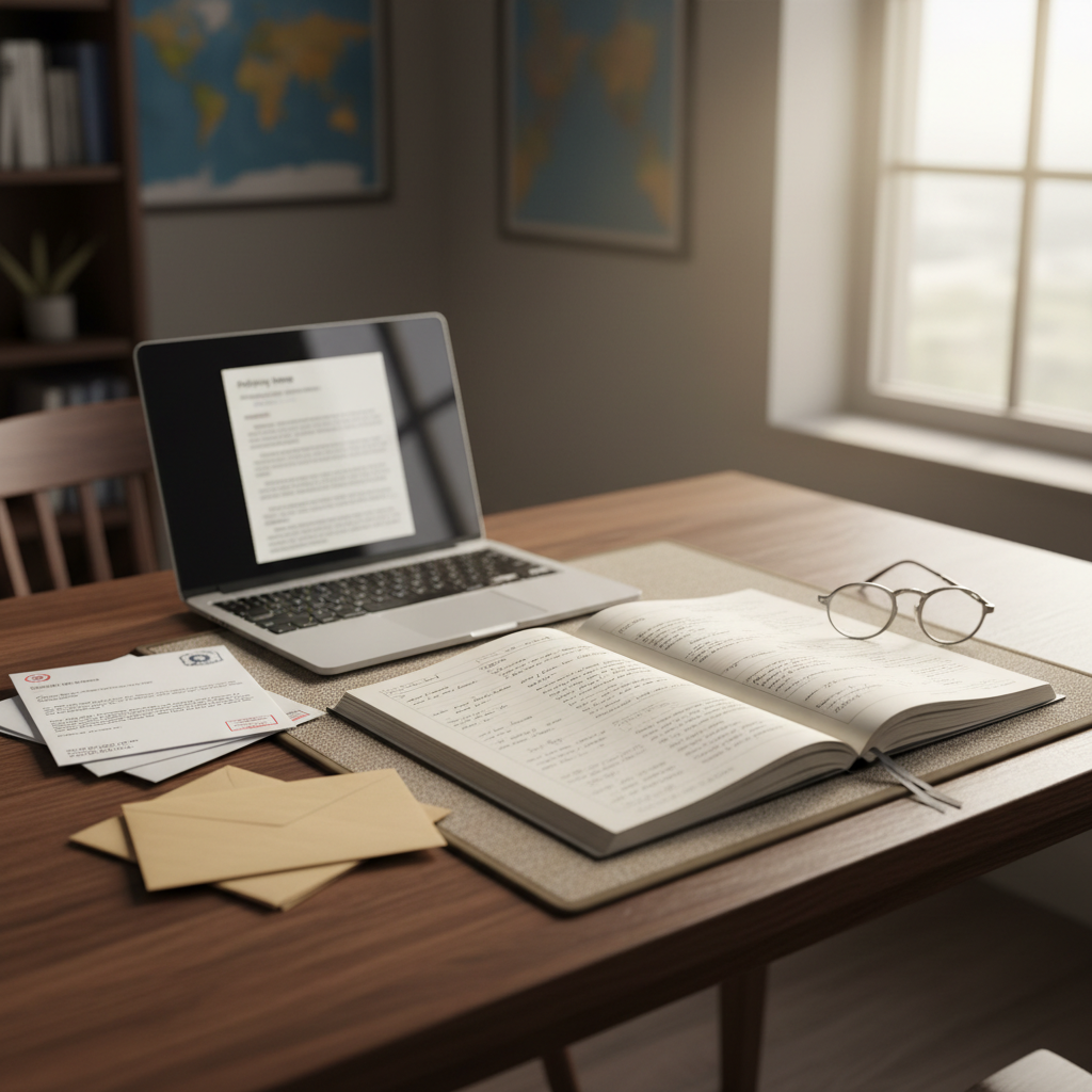 A symbolic workspace for constituent engagement and policy planning, with no humans present. A sturdy oak desk holds an open notebook filled with handwritten notes, a pair of reading glasses resting beside it, and a laptop showing a blurred policy document on screen. Next to the laptop, a small cluster of printed letters and neatly addressed envelopes suggests active communication with voters. Soft, diffused daylight from a nearby window illuminates the scene, creating gentle highlights on the paper and a subtle reflection on the laptop surface. Photographic realism from a slightly overhead angle, with a shallow depth of field focusing on the notebook and glasses. The mood is thoughtful, diligent, and service-oriented, emphasizing care for constituents and responsible decision-making.
