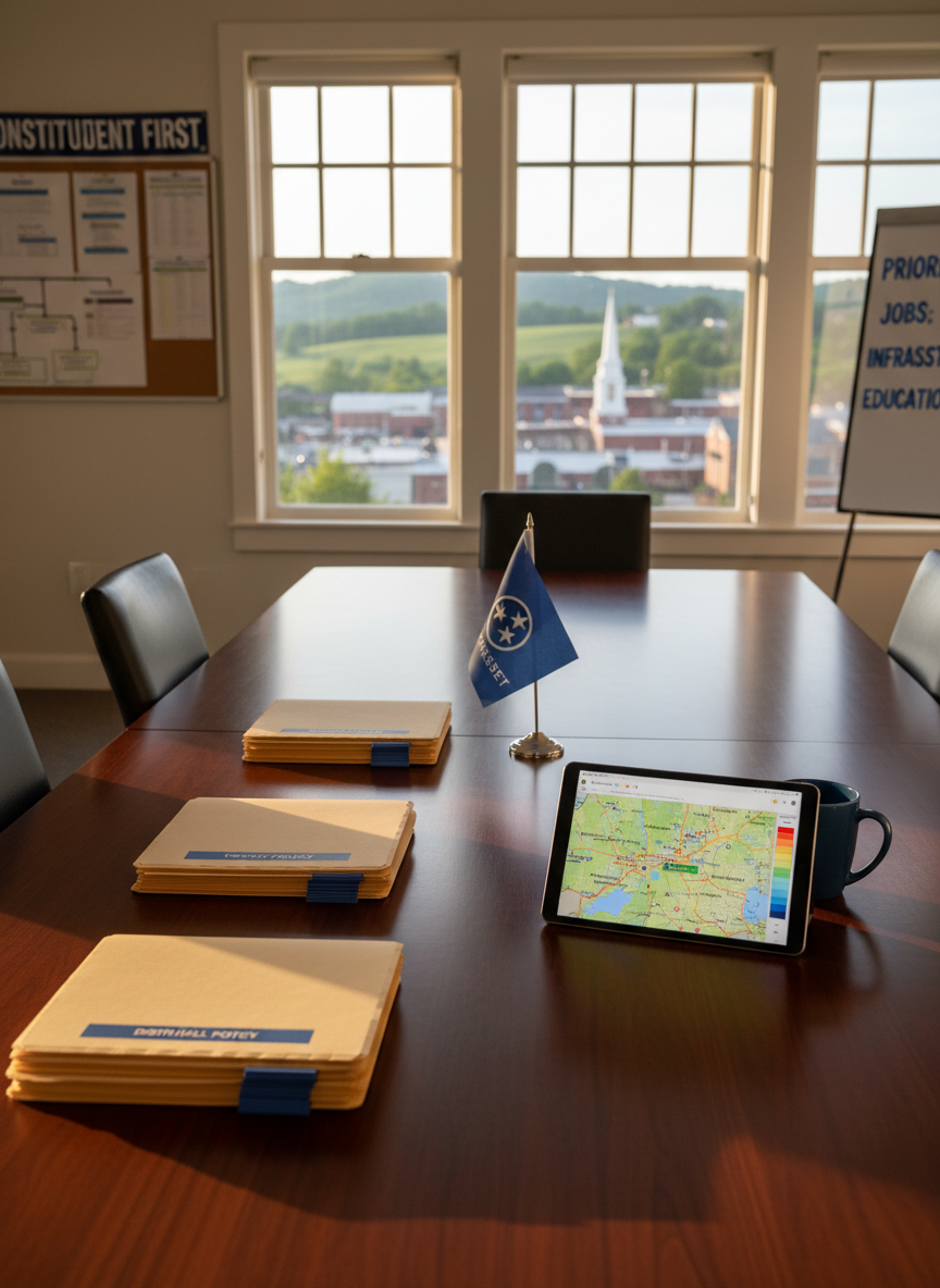 A dignified campaign headquarters workspace representing an independent congressional run in Tennessee’s 4th district, shown without people. A polished wooden conference table holds neatly stacked briefing folders, a tablet displaying a district map, and a ceramic mug beside a small flag stand. Through large windows, a soft-focus view of rolling Tennessee hills and small-town rooftops appears. Late afternoon natural light pours in, creating warm highlights on the table’s grain and gentle shadows across the documents. Photographic realism at eye level, with a moderate depth of field keeping the table sharp while the background softly blurs. The atmosphere is professional, organized, and focused on constituent service and practical problem-solving, with a clean, modern aesthetic suitable for a serious campaign website.