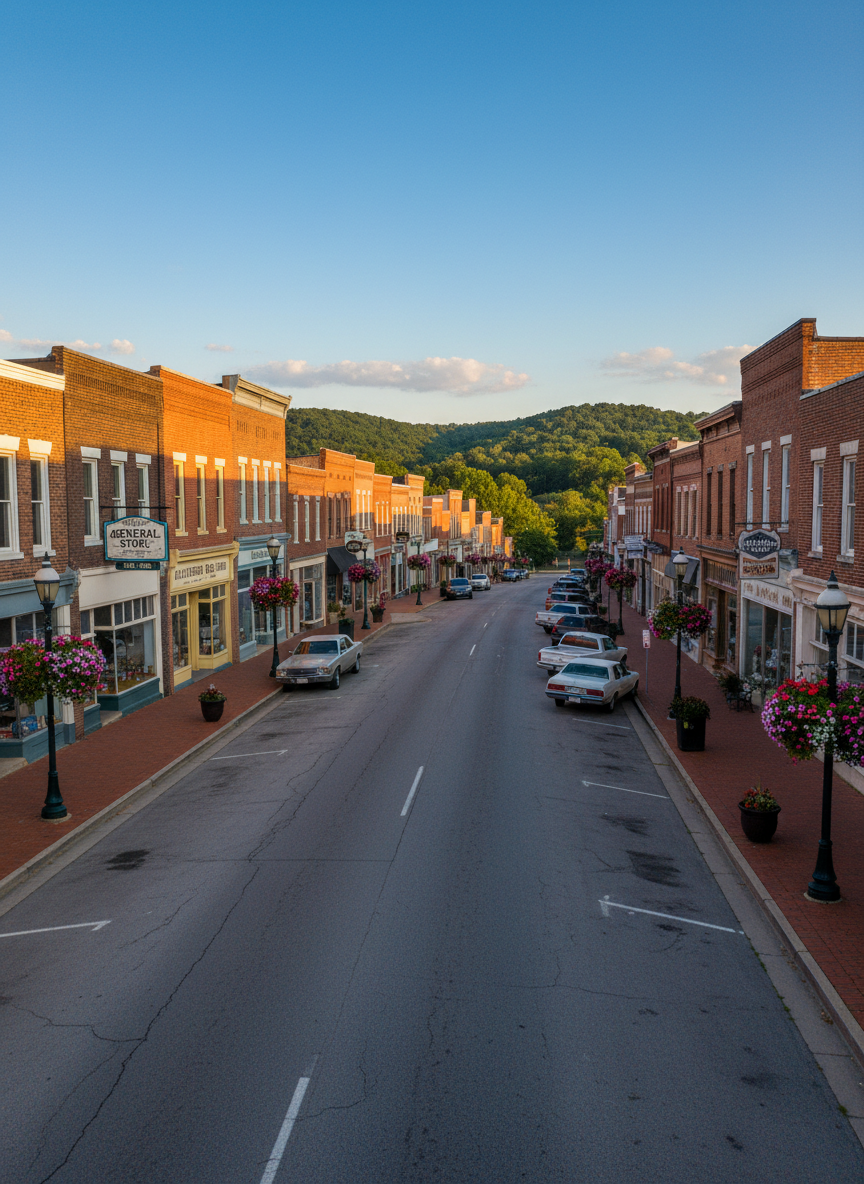 An inviting small-town Tennessee main street representing communities in the 4th congressional district, completely empty of people yet full of life through its details. Brick storefronts with well-kept facades line a gently curving two-lane road, framed by hanging flower baskets, tidy sidewalks, and parked cars. In the distance, low green hills rise against a clear early evening sky. Golden hour sunlight bathes the street in a warm glow, emphasizing textures in the brick and pavement while casting long, soft shadows. Photographic realism from a slightly elevated angle using the rule of thirds, creating a sense of depth and civic pride. The mood is hopeful, safe, and community-oriented, perfect for a campaign focused on local engagement and care for hometown values.
